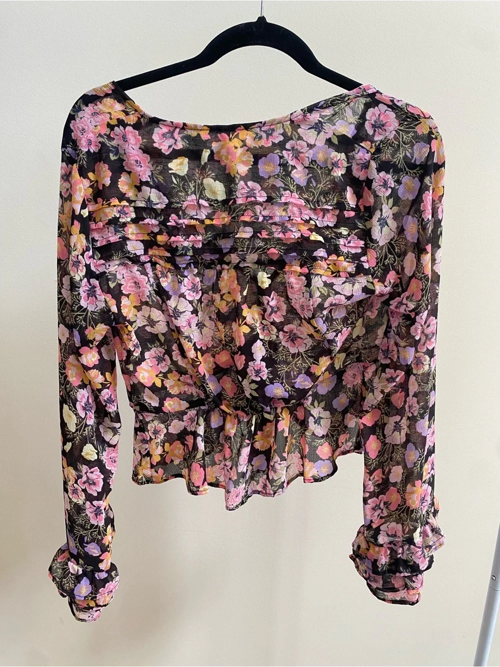 Free People Maybel blouse sheer floral pattern tie-front Sz XS